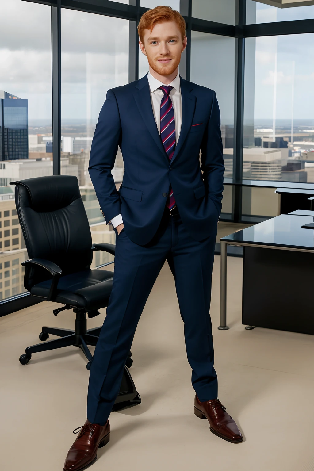 skyscraper office, large glass windows, standing beside executive desk, slightly smiling, ginger hair, facial scruff, SeamusOReilly, wearing dark blue business suit, white dress shirt, red tie, dark blue jacket, dark blue trousers, socks, dress shoes, (((full body portrait))), wide angle <lora:SeamusOReilly:0.8>