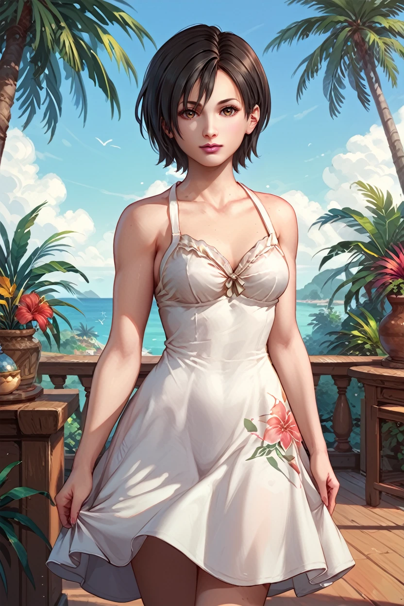 score_9, score_8_up, score_7_up, score_6_up
<lora:RE4Ada:1.0>
RE4Ada, 1girl, black hair, short hair, brown eyes, looking at viewer, on a tropical island, sundress, palm trees