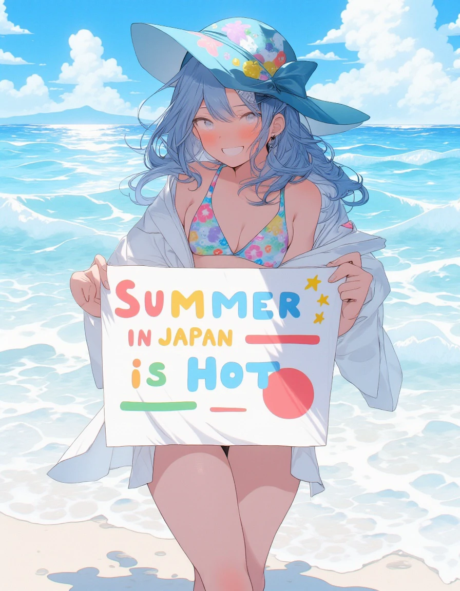 girl in a bikini stands at the beach, holding a sign that says ‘Summer in Japan is Hot’ in bold, playful letters. She’s smiling brightly under the blazing sun, with her feet splashing in the shallow waves. The girl’s swimsuit is vibrant and summery, matching the lively atmosphere of a sunny day by the sea. The clear blue sky, sparkling ocean, and distant mountains create a typical Japanese summer scene. The sign she’s holding is hand-written, with the message emphasizing the intense heat of summer. The overall vibe is fun and carefree, capturing the essence of a hot summer day at the beach in Japan