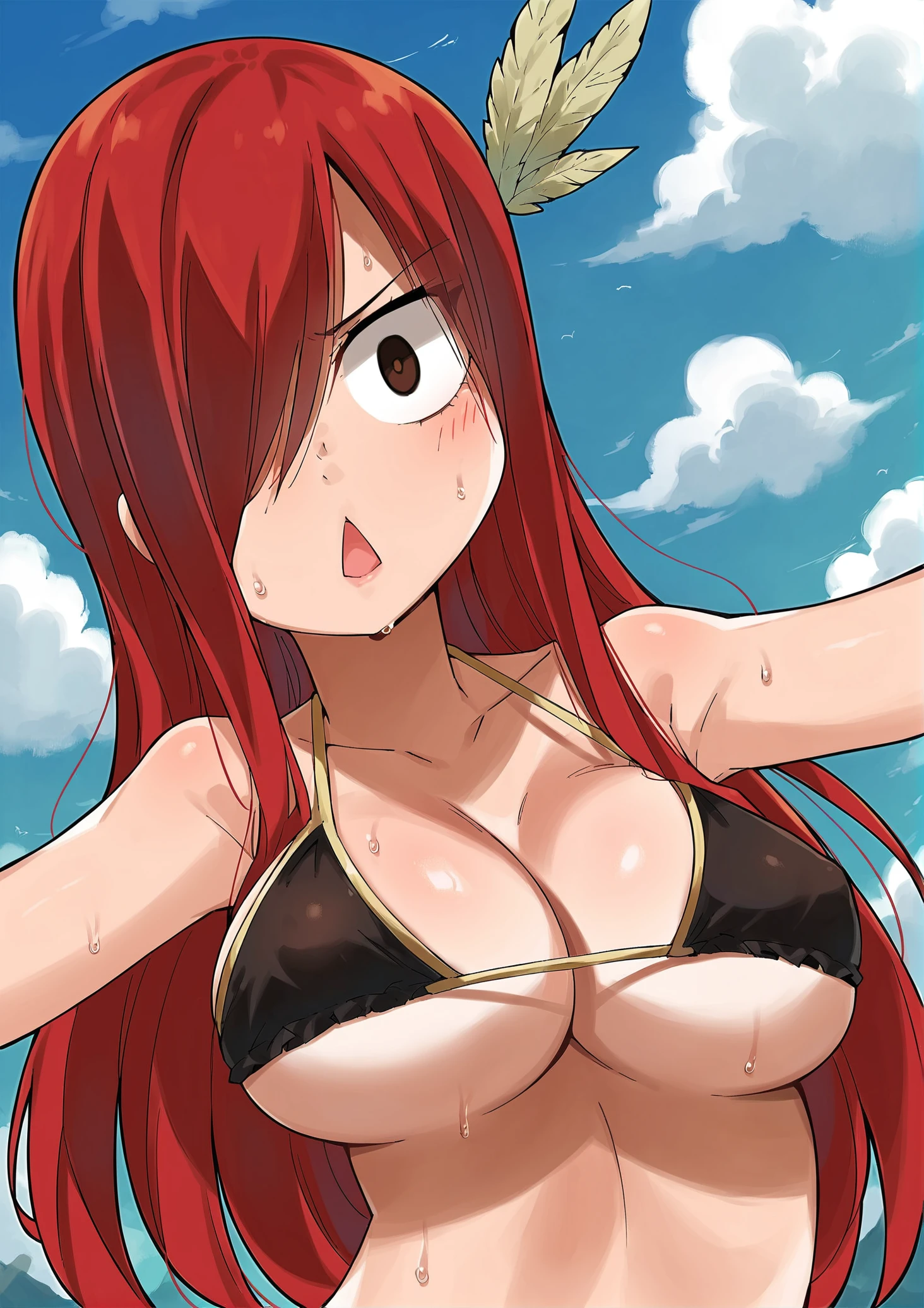 score_9, score_8_up, score_7_up, score_6_up, score_5_up, score_4_up, 2d, anime, anime artstyle, simple shadows, flat coloring, flat shadows, thick lines, white outline, expressive, high definition face, high definition eyes, <lora:Erza_Scarlet_Fairy_Tail_-_Gaston18_artist_style:0.9> gastonerza, 1girl, solo, long hair, breasts, looking at viewer, blush, open mouth, large breasts, hair ornament, cleavage, brown eyes, swimsuit, upper body, bikini, red hair, sweat, outdoors, sky, day, cloud, hair over one eye, black eyes, covered nipples, blue sky, black bikini, feathers, mountain, triangle mouth, feather hair ornament BREAK source_anime