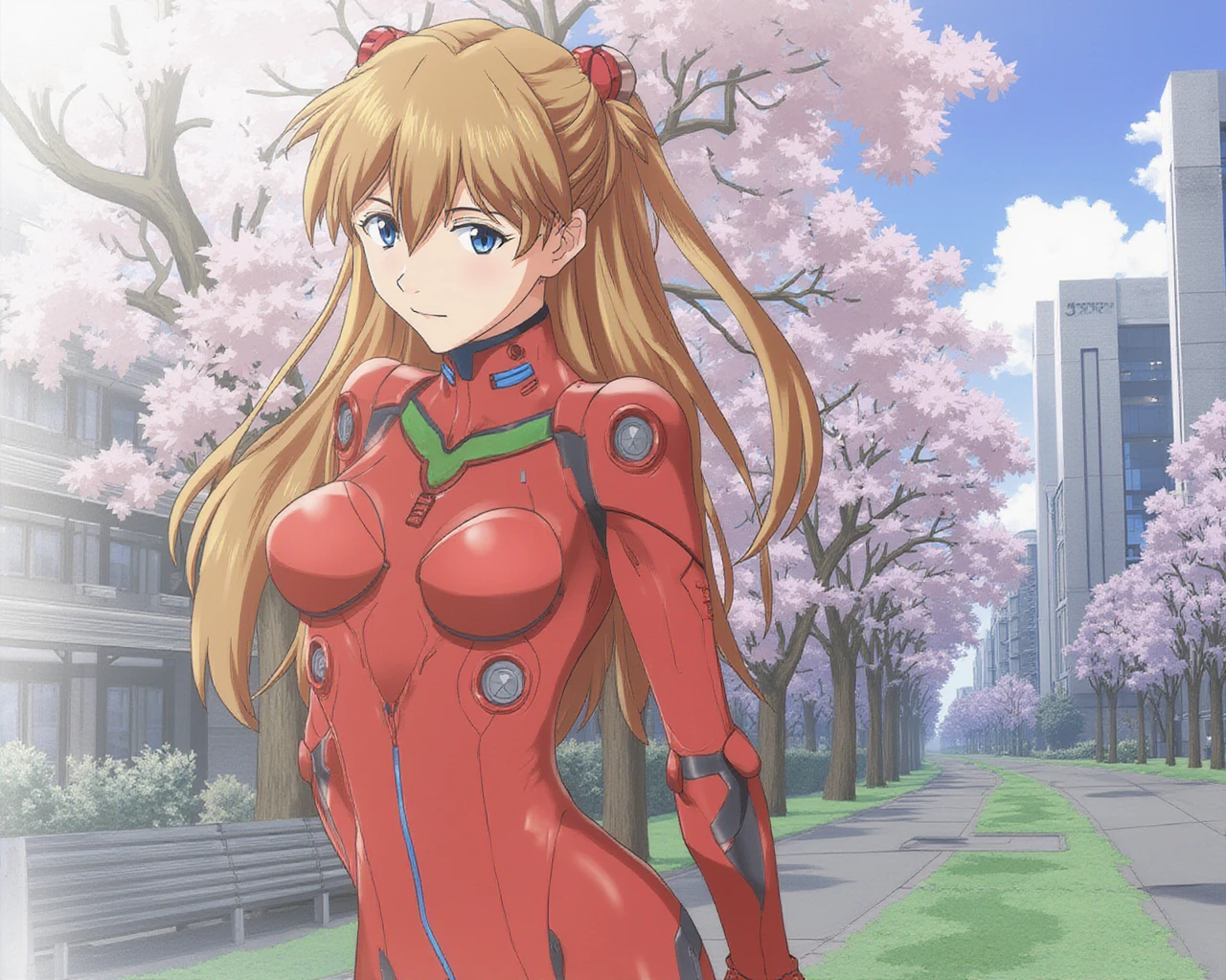 asuka,1girl, souryuuasukalangley, plugsuit 02,interface headset on her head, looking at viewer, light smile, upper body, science fiction city, park, cherry blossoms, arms behind back