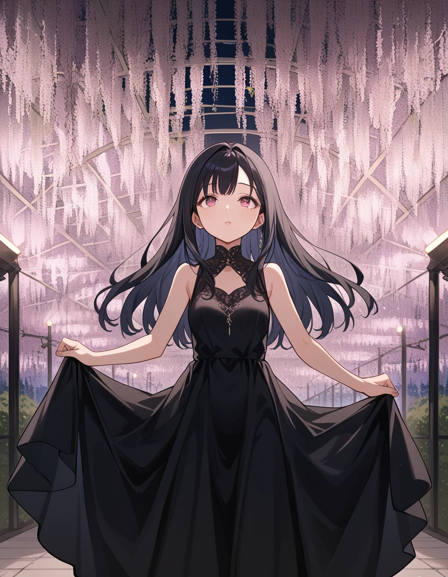 score_9, score_8_up, score_7_up, souce_anime, BREAK masterpiece, best quality, very aesthetic, absurdres, 1girl, girl standing and looking up, cowboy shot, black dress, silk dress, long black hair, sleeveless, perfect eyes, <lora:ashikaga_flower_park_ponyDiffusionV6XL_v6_Lion_3000_v1.02:1>, pink fuji flower, illuminated, night