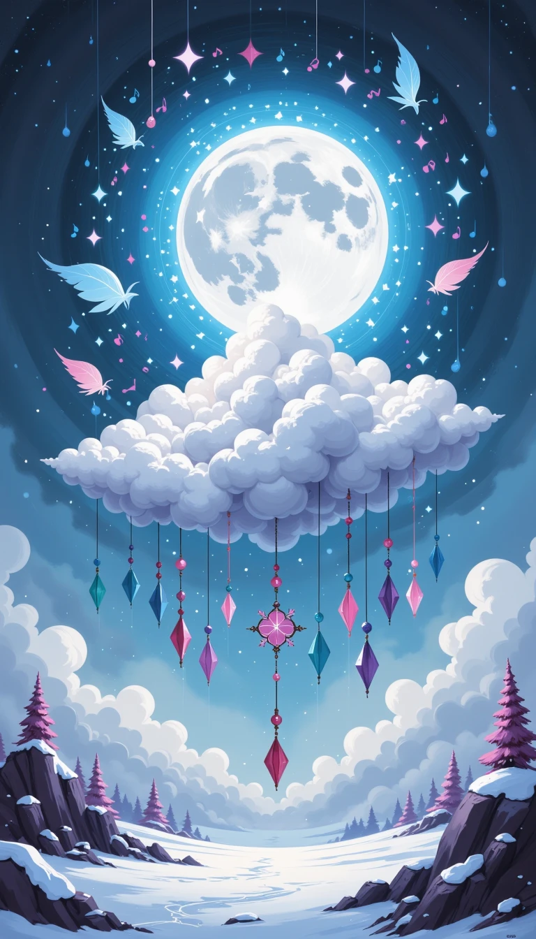 A surrealistic painting of sentient clouds, named Dreamcatcher, performing a symphony in a snowfall, with swirling snowflakes of different colors and shapes, vibrant musical notes in the air, a full moon in the background, a sense of calm and serenity, winter wonderland atmosphere, pastel color palette, oil painting, impressionistic style, detailed brushwork, on a large canvas