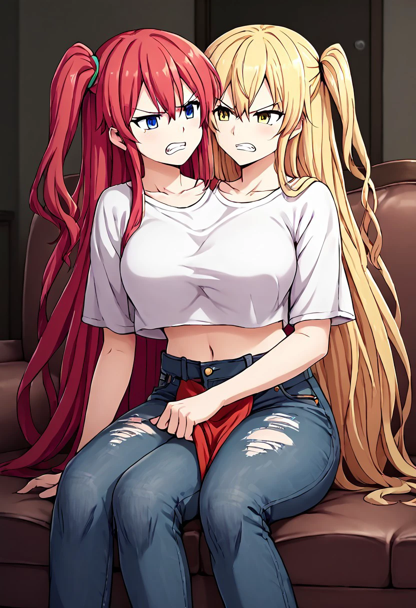 8K, HD,<lora: Two_heads_XL_anime_trained_edition_for_pony:1.1>, easynegative, conjoined, Japan anime, two heads, BREAK female, random color hair, (very long hair or short hair, one side up, or two sides up, wave hair, very thick hair), using 2 different hairstyles, 2 different colors of cloth separate from the middle, 2 different colors of clothing combine as one, anime, BREAK female, 2 random color Graphic tee, random color of Ripped jeans, look at each other, face to face, ((argue, argument, arguing)), angry mood, lady, girl, home living room background, sitting on the sofa