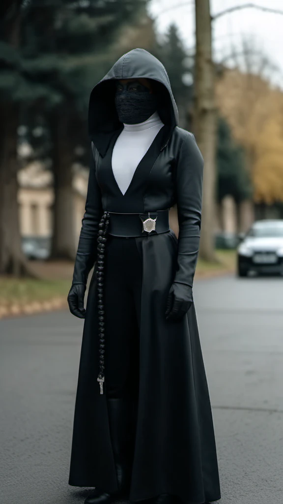 full body portrait 1girl, black gloves, white turtleneck, black hood, black mask, black mouth mask, black jacket, stands in the street  <lora:SisterNight1024:0.8>