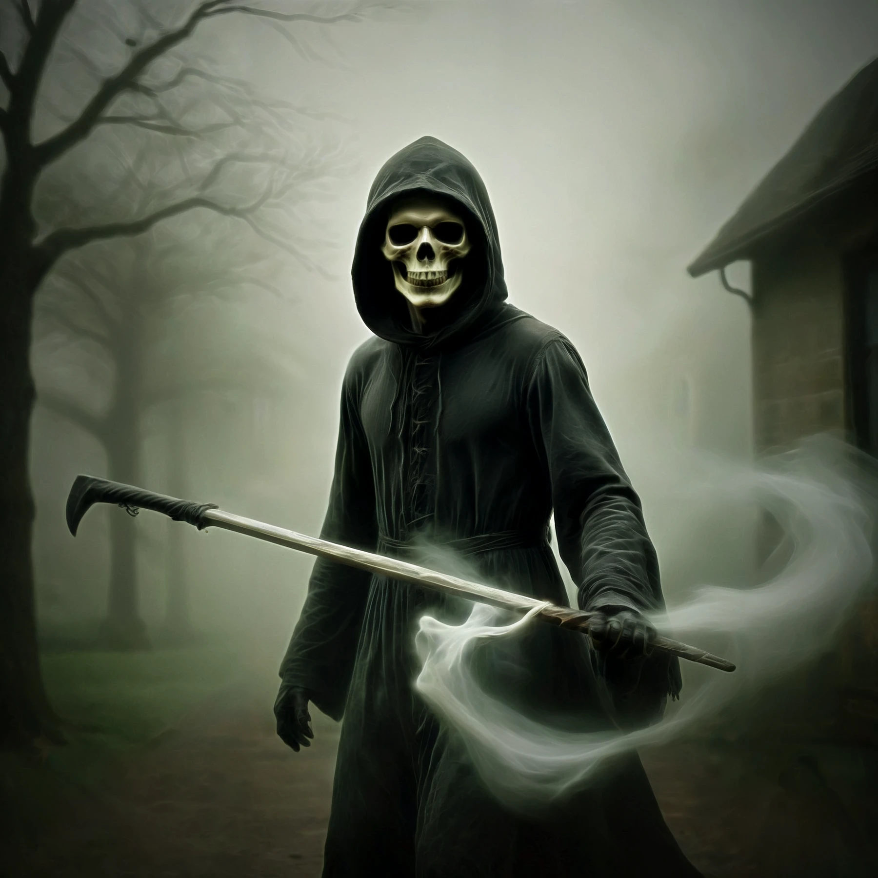 Closeup of death, delivering bad news, landing on a doorstep outside a house, carrying a scythe. Surrounded by swirling mist. (Male focus:1.95). Hooded. Cloaked.

<lora:Banshee01-05_CE_SDXL_128:0.8>