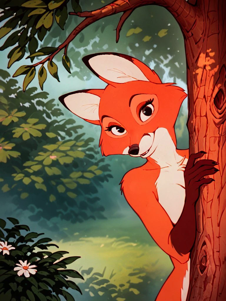 score_9, score_8_up, score_7_up, score_6_up, score_5_up, score_4_up,
Vixey, fox, orange fur, eyelasher, black eyes, fox ears, furry girl, peeking out, upper body, looking at viewer, hiding behind tree
 <lora:PeekingOut_pdxl_Incrs_v1:1> 
<lora:Vixey_XL:0.8>