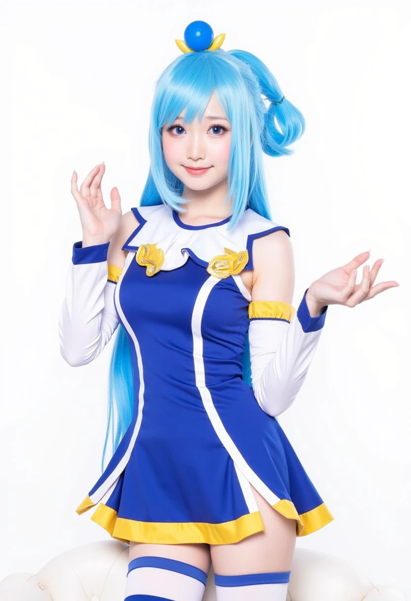 Aqua, 1girl, long blue hair, tied in a high ponytail with a spherical blue accessory. She wears a form-fitting blue and white outfit with gold accents. Her dress features a blue bodice with a white trim, paired with a short skirt with gold detailing and she wears thigh-high socks. Her playful, as she gestures and smiles engagingly at the viewer.