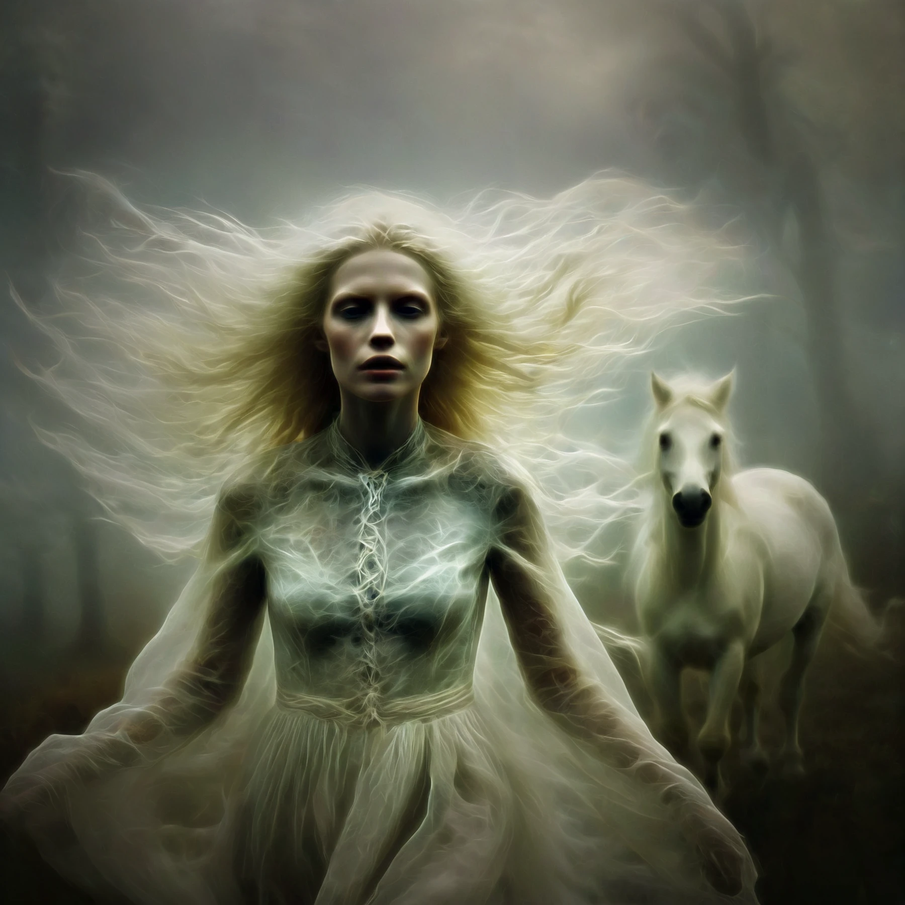 A beautiful young banshee woman on the misty moors with her horse. Hair surrounded by electricity. Hair brightly sparking with electricity.

<lora:Banshee01-05_CE_SDXL_128:1.2>