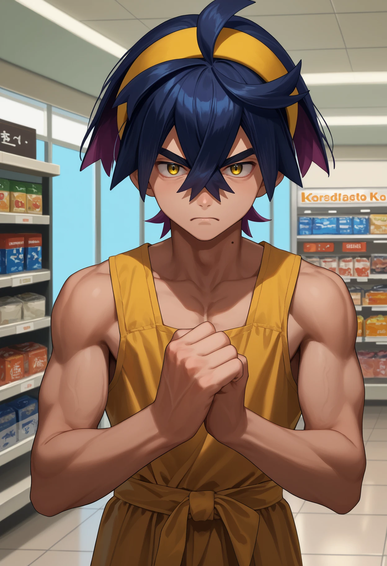 score_9, score_8_up,score_7_up, source_anime, 1boy, solo, kieran, male focus, short hair, yellow eyes, mole on neck, yellow hairband, crossdressing, otoko no ko, 
resolute, clenched fist, determined eyes, set jaw, forward stance, serious expression,
in a mall, storefronts,
<lora:krn_pdxl_EliPot_V8:1>