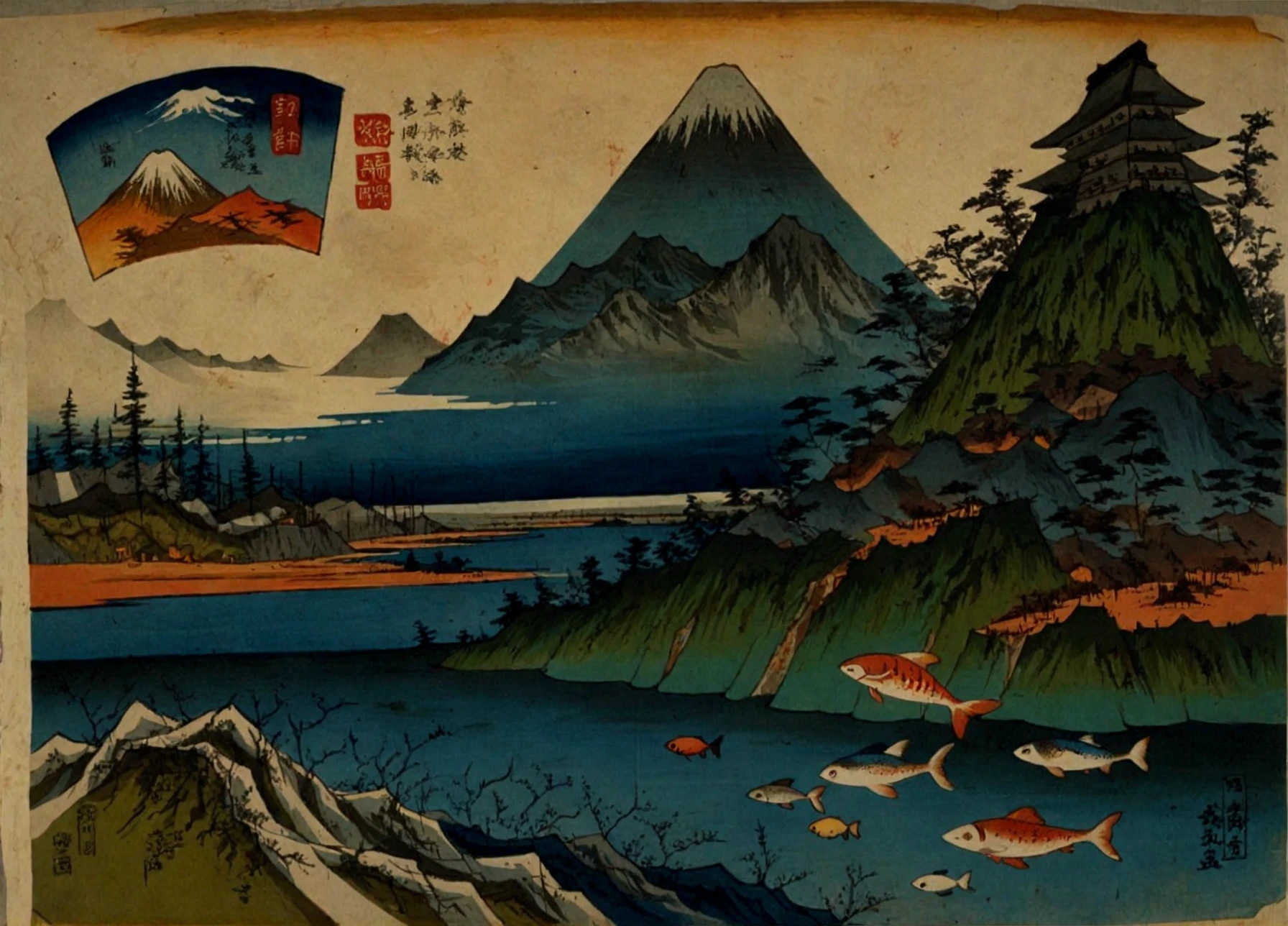 <lora:keisai-eisen_pony_v1:1> 'cranes and fishes' by eisen keisai in, bijinga \(genre\), ukiyo-e \(style\), 
animal painting \(genre\)       |
}  animals at the edge of a river, trees,mountains, score_9, score_6_up, score_7_up