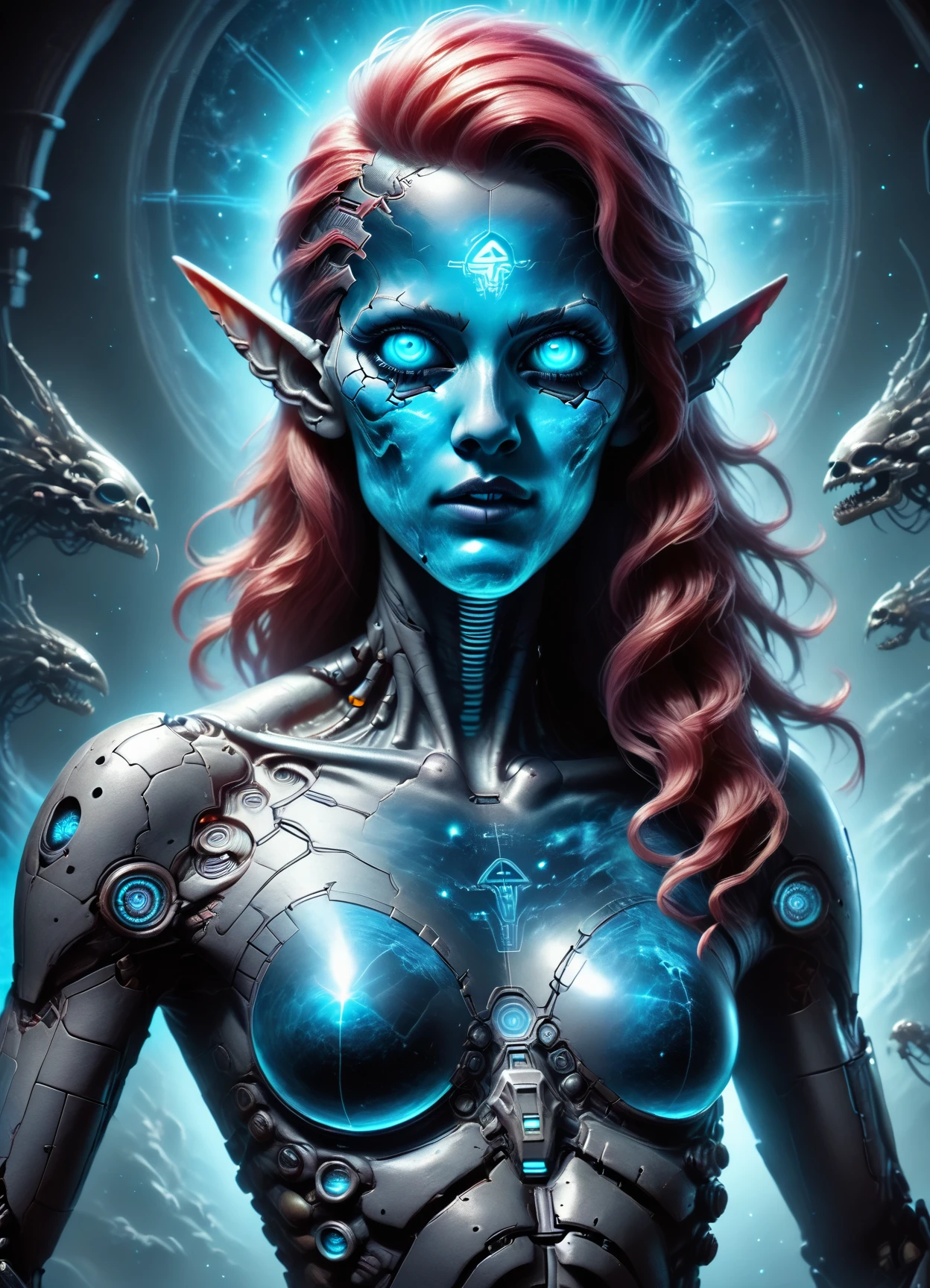 DonMN3cr0m4nc4rL41rXL, score_9, score_8_up, score_7_up, score_6_up, female biomechanics engineer, cosmic guardian- massive, majestic entities radiating cosmic energies, clad in celestial armor, teenager, athletic, african, steel gray eyes, lobed ears,   overbite jaw, sunken cheeks,   well-toned calf muscles,  , strawberry blonde voluminous curls hair, astonishment,
 striking a charismatic pose while entertaining with music or storytelling.,
  wearing terracotta    tron-inspired glow pattern sonic soundwave compression shorts,  graphene crop top,   ,, gesturing or touching holographic interfaces., artificial starlight, cyberpunk streets, holographic advertisements and cyberware shops,  rating_safe   <lora:DonMN3cr0m4nc4rL41rXL-pony:0.7>