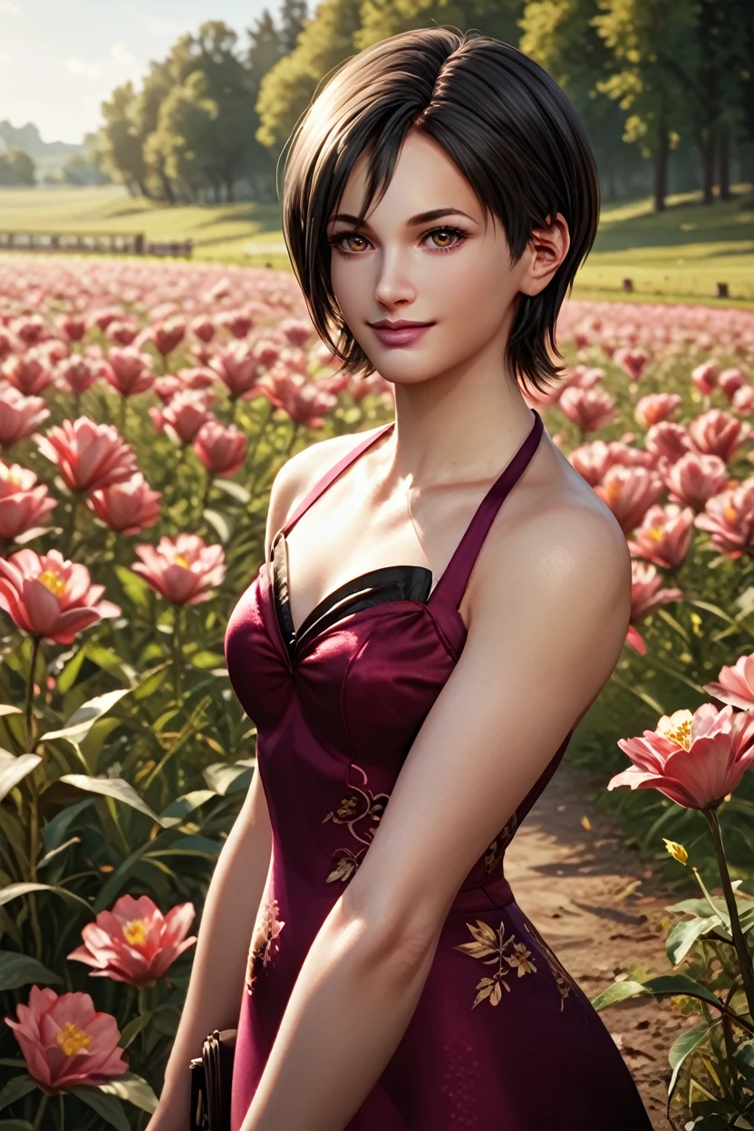 score_9, score_8_up, score_7_up, score_6_up
<lora:RE4Ada:1.0>
RE4Ada, 1girl, black hair, short hair, brown eyes, looking at viewer, in a field of tulips, golden hour, elegant dress, smiling