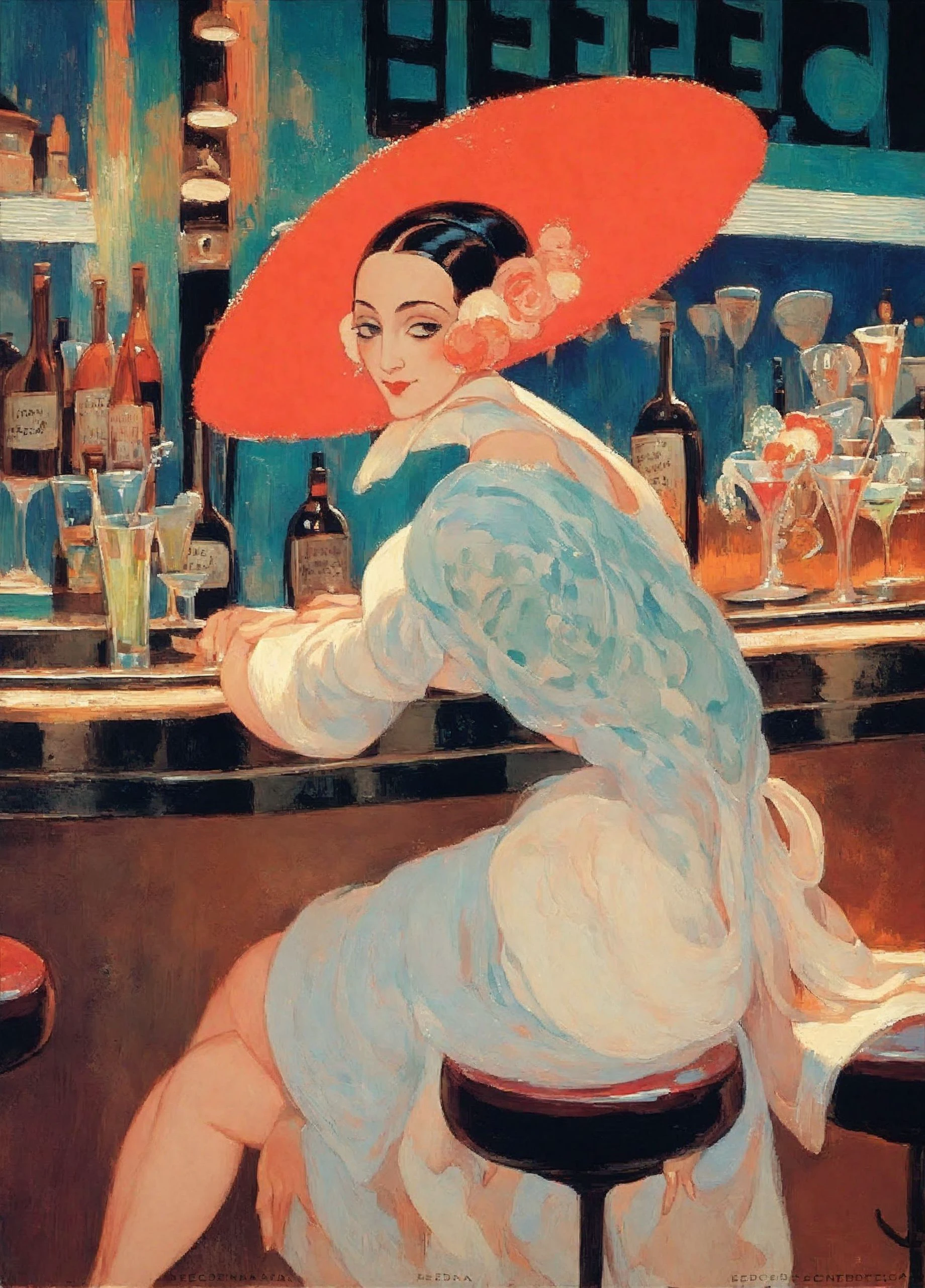 <lora:gerda-wegener_pony_v1:1> 'woman' by wegener gerda in 1920, 
genre painting \(genre\)        ,
art deco \(style\)      ,  Begonia, a woman sitting in a bar., score_9, score_6_up, score_7_up