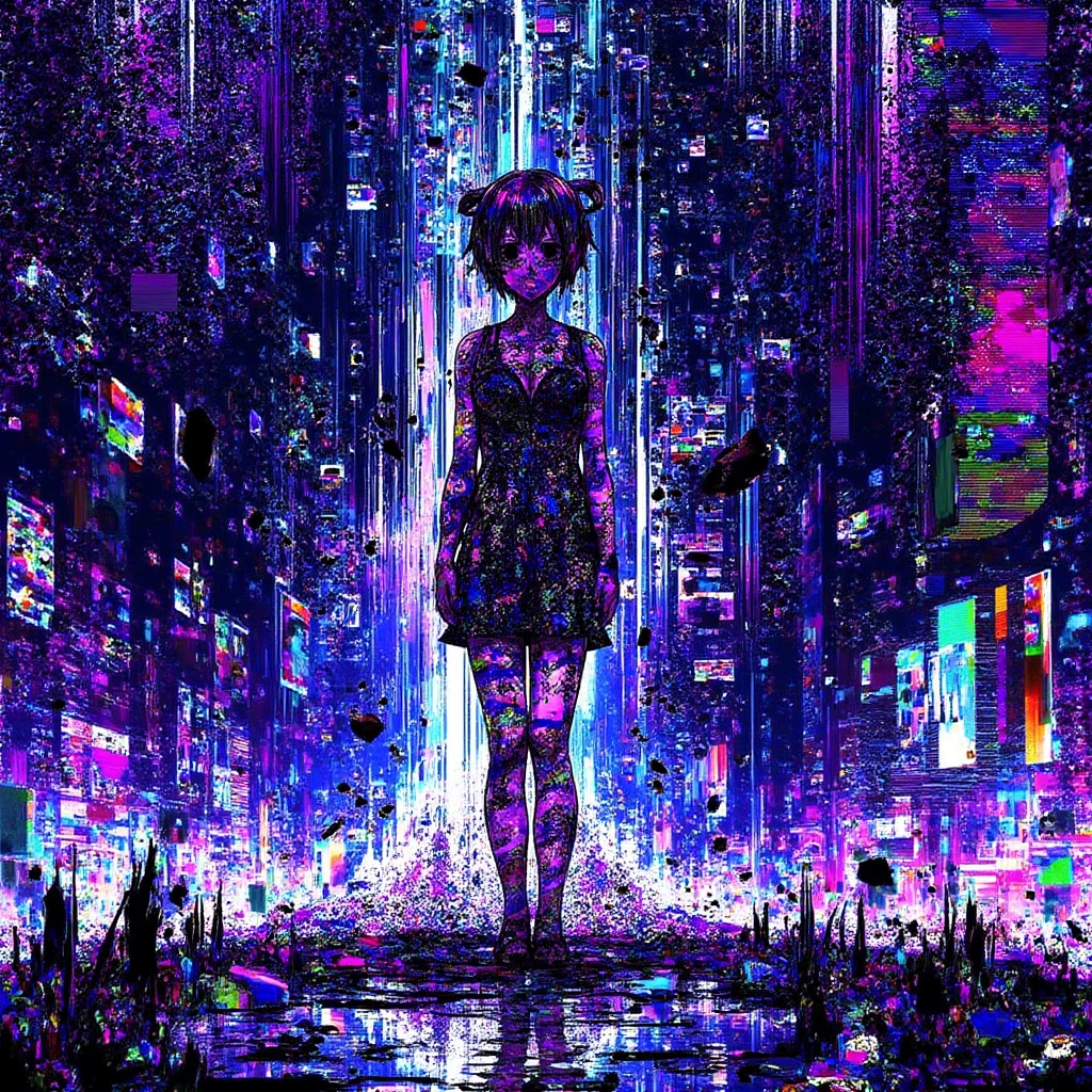 A digital landscape where a lone anime character stands amidst a sea of glitching, neon lights, their figure fragmented and distorted by cascading pixels. The background is filled with swirling colors and chaotic noise, creating a disorienting and surreal environment. The character's expression is one of calm amidst the digital storm, embodying the chaos and beauty of the breakcore style, breakcore anime  <lora:ishin_breakcore_anime_v1_flux:1>