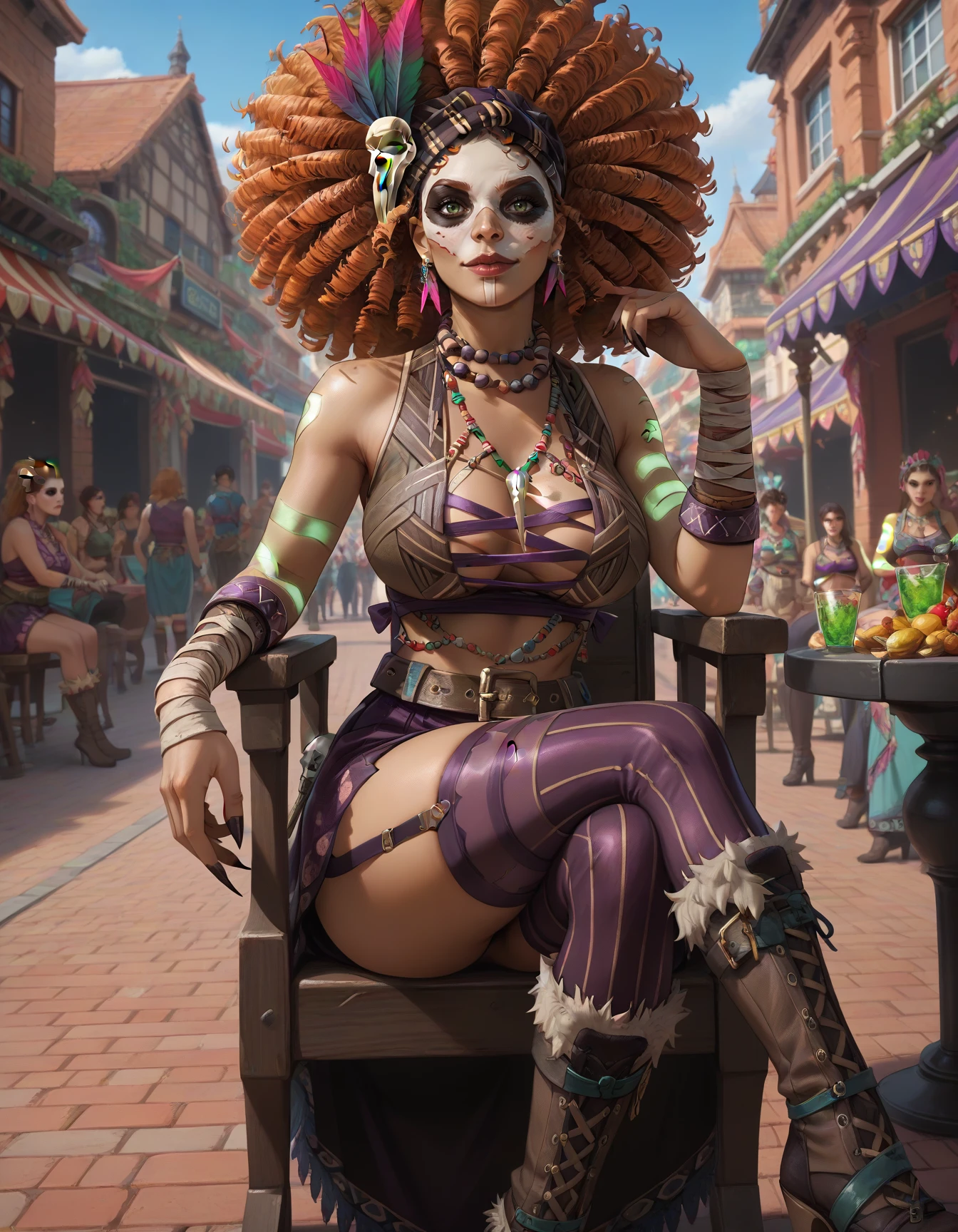 (score_9), score_8_up, score_7, score_6_up, MaBriSmi, detailed background, skull face paint, facepaint, smirk, sitting, legs crossed, chair,
solo, green eyes, arm tattoo, skirt, hair ornament, fur-trimmed boots, thighhighs, looking at viewer, large breasts, skull face paint, dark-skinned female, belt, feather hair ornament, garter straps, afro,
(festival, parade, outdoors, brick road, brick buildings, metal railing),
<lora:Maman Brigitte - Smite_epoch_6:0.9>,