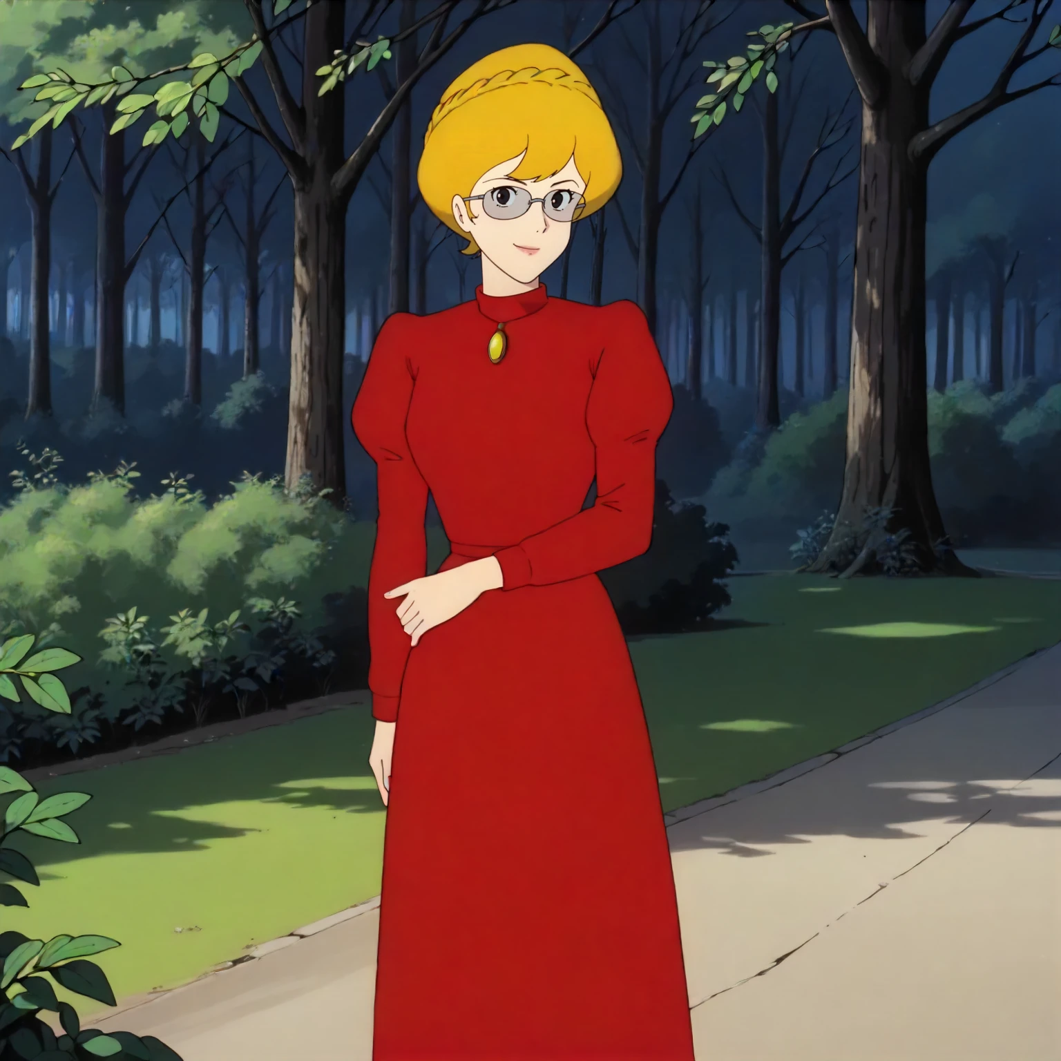 <lora:TCoC_FujikoMineXLpony001>,
outdoors,nature,
looking at viewer,smile,
solo,
FujikoMine,1girl,blonde hair,french_braid,short hair,black eyes,eyewear,
red dress,long_sleeves,
standing,