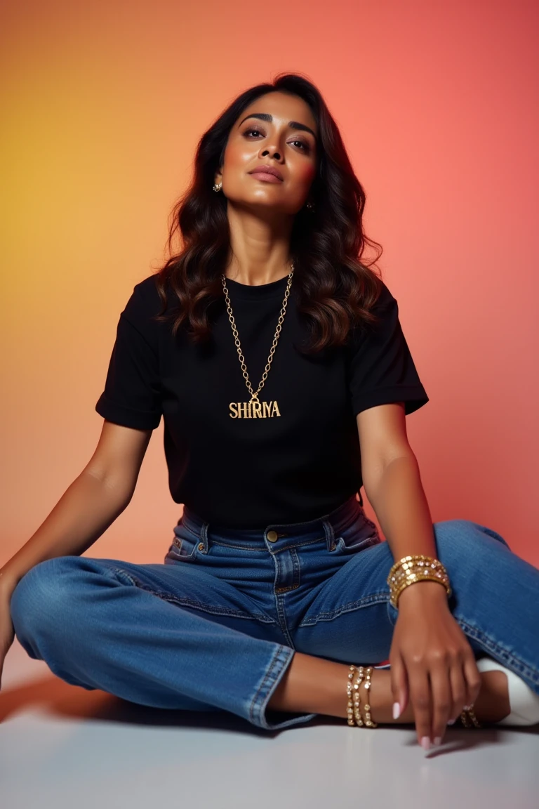 wide and low angle, cinematic, fashion photography. xshriya sitting on floor wearing a full size black t-shirt with a chain and a pendent with golden letters "SHRIYA" logo text, blue jeans, white high heels, golden anklets and a gracious look on her face. ...