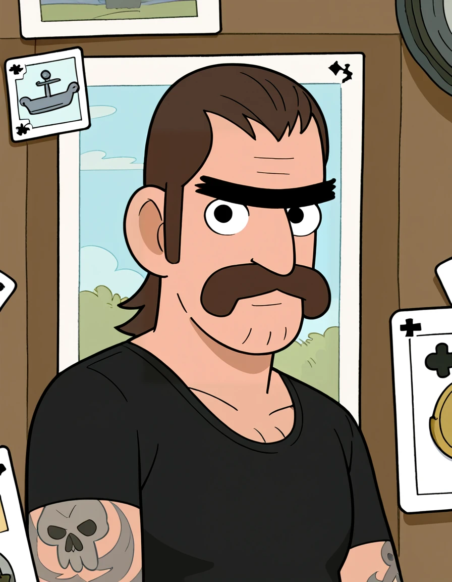 <lora:Mel_Sumouski_-__Clarence:0.85> 1boy, brown hair, mullet, horseshoe moustache, facial hair, black eyes, arm tattoo, body hair, black shirt, short sleeves, lowered eyebrow, looking at viewer, lowered eyebrows, portrait, model_card, source_cartoon, score_9, score_8_up, score_7_up,