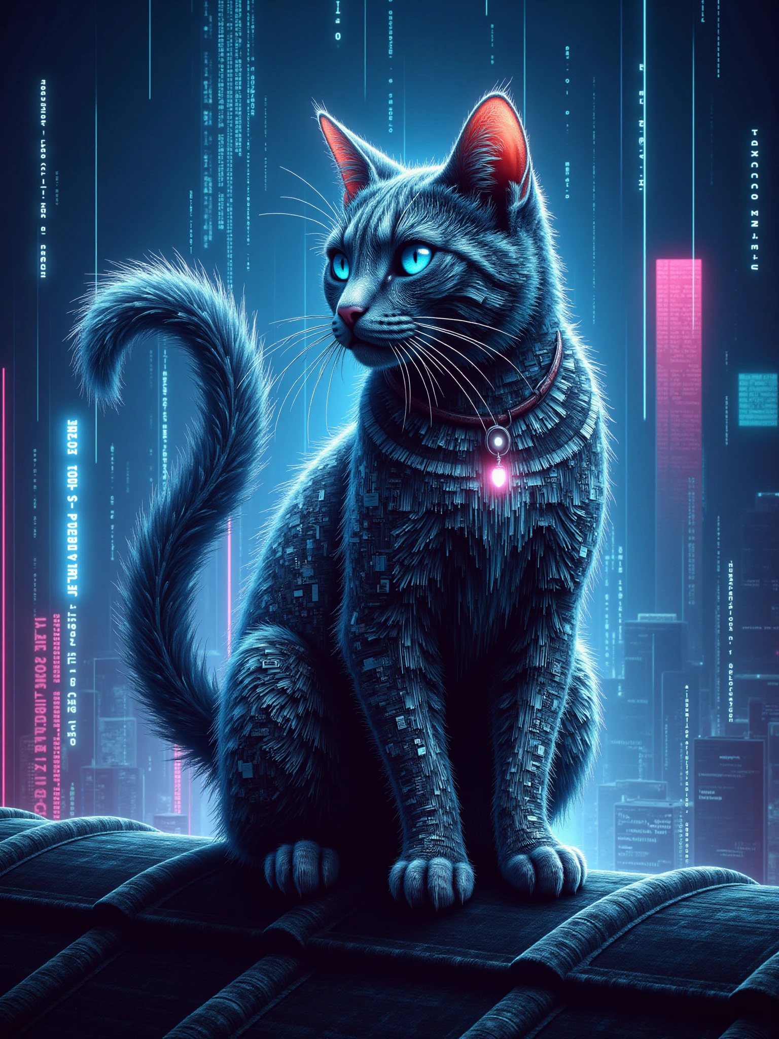 mad-dtstrm cat sitting on roof, night, cyberpunk, neon lights, dynamic pose, (masterpiece:1.2), best quality<lora:Neon_Cyberpunk_Datastream_FLUX:0.6>