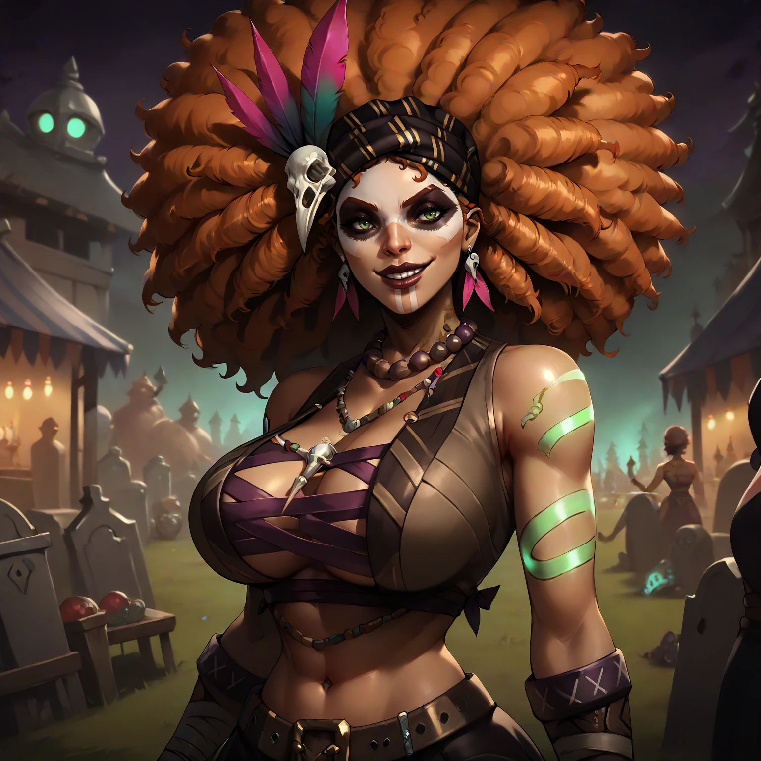 score_9), score_8_up, score_7, score_6_up, MaBriSmi, detailed background, skull face paint, facepaint, smile, upper body,
solo, green eyes, arm tattoo, hair ornament, looking at viewer, large breasts, midriff, dark-skinned female, feather hair ornament, afro,
(festival, spirits, graveyard),
<lora:Maman Brigitte - Smite_epoch_6:0.9>,