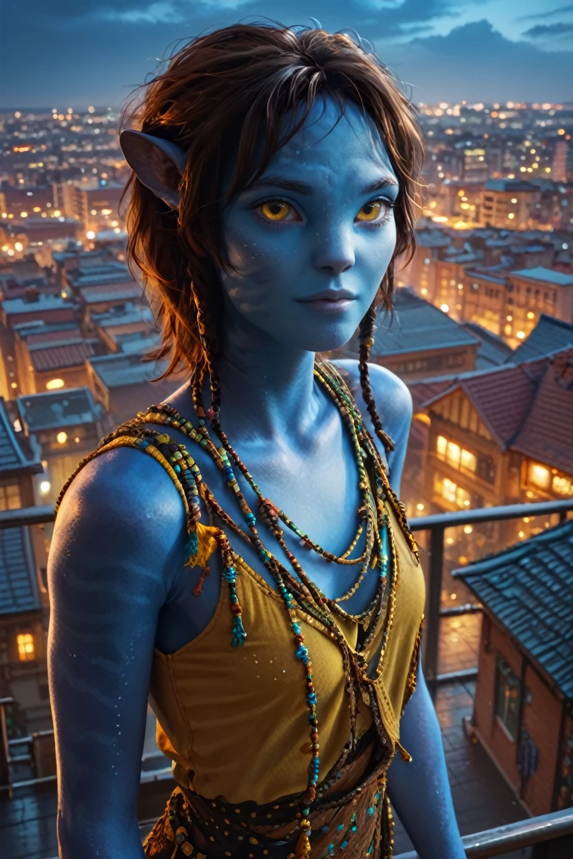 score_9, score_8_up, score_7_up, score_6_up
<lora:AvKiri:1.0>
AvKiri, 1girl, brown hair, blue skin, yellow eyes, looking at viewer, overlooking the city from a rooftop bar at night, chic outfit, standing