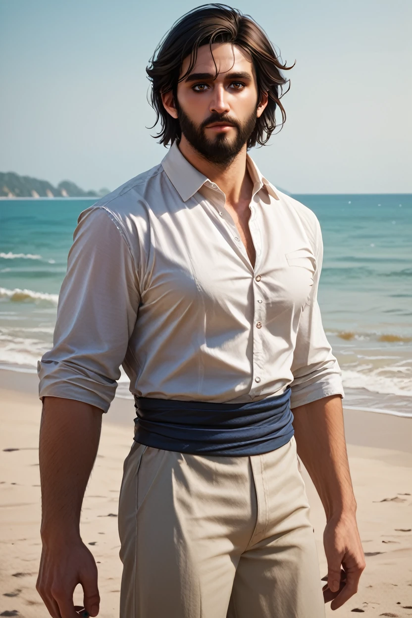 score_9, score_8_up, score_7_up, score_6_up
<lora:ACMBasim:1.0>
ACMBasim, 1boy, black hair, brown eyes, beard, looking at viewer, Handsome male model in a white dress shirt with rolled-up sleeves, standing on a sandy beach with the ocean in the background, wind blowing through his hair, soft natural light