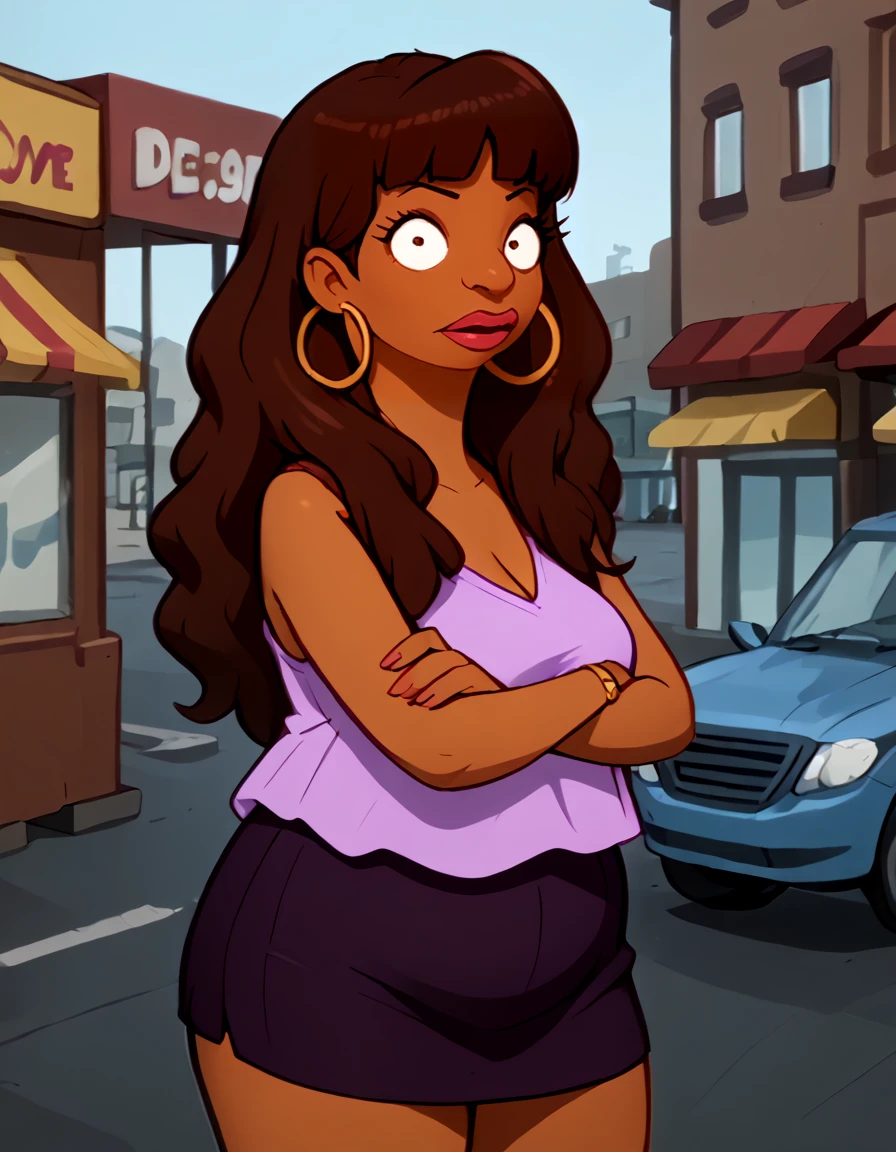 <lora:Fanny_-_Bobs_Burgers:1> 1girl, dark-skinned female, brown hair, long hair, hoop earrings, chubby, makeup, puffy hair, purple shirt, sleeveless shirt, mini skirt, skirt,, source_cartoon, score_9, score_8_up, score_7_up,