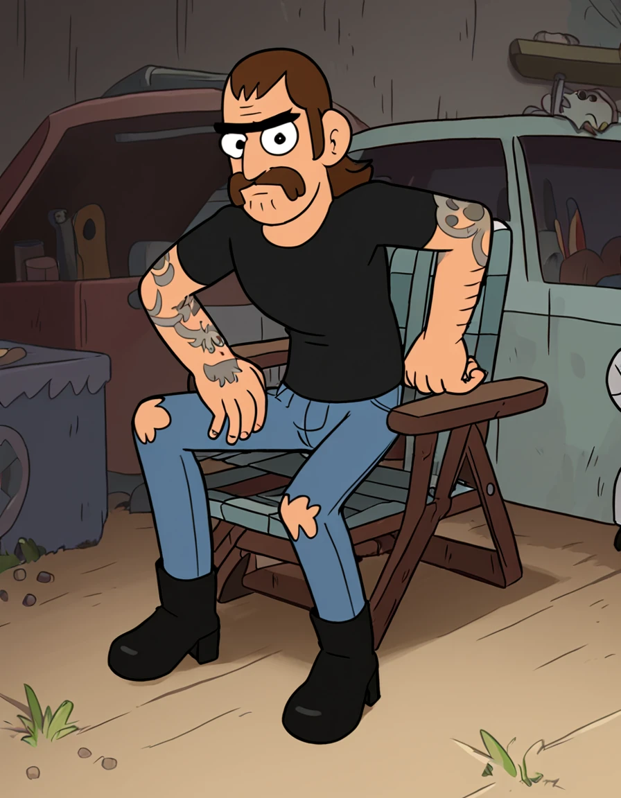 <lora:Mel_Sumouski_-__Clarence:0.85> 1boy, brown hair, mullet, horseshoe moustache, facial hair, black eyes, arm tattoo, body hair, black shirt, short sleeves, blue jeans, hole in pants, black boots, leaning on knee, sitting, sitting in lawn chair, leaning forward, looking at viewer, confused, flabbergasted, frown, neutral expression,, source_cartoon, score_9, score_8_up, score_7_up,