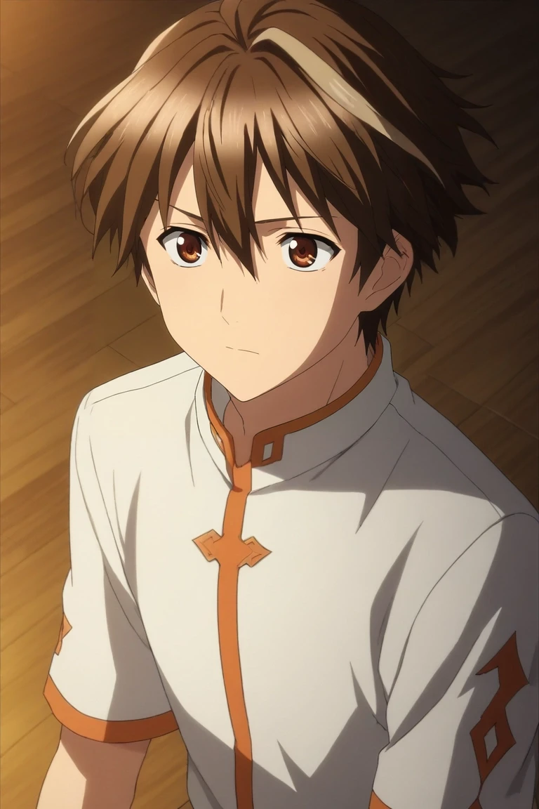 score_9, score_8_up, score_7_up, source_anime, rating_safe, intricate details, , , , 1boy, solo, male focus, <lora:shuu_ouma_pony:0.96>, shuu_ouma, brown hair, brown eyes, short hair, ahoge, hair between eyes, focused, machu picchu, dusk, kneeling, relaxed, renaissance costume, <lora:sdxl_lightning_8step_lora:1>