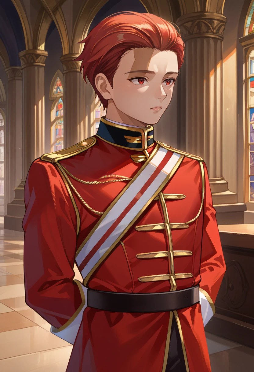 score_9, score_8_up, source_anime, 1boy, solo, StarkDnc, facial mark, short hair, hair slicked back, epaulettes, military uniform, shoulder sash, red uniform, long sleeves, belt, black pants, indoors, palace, arms behind back, <lora:ChamStarkPonyXL:1>