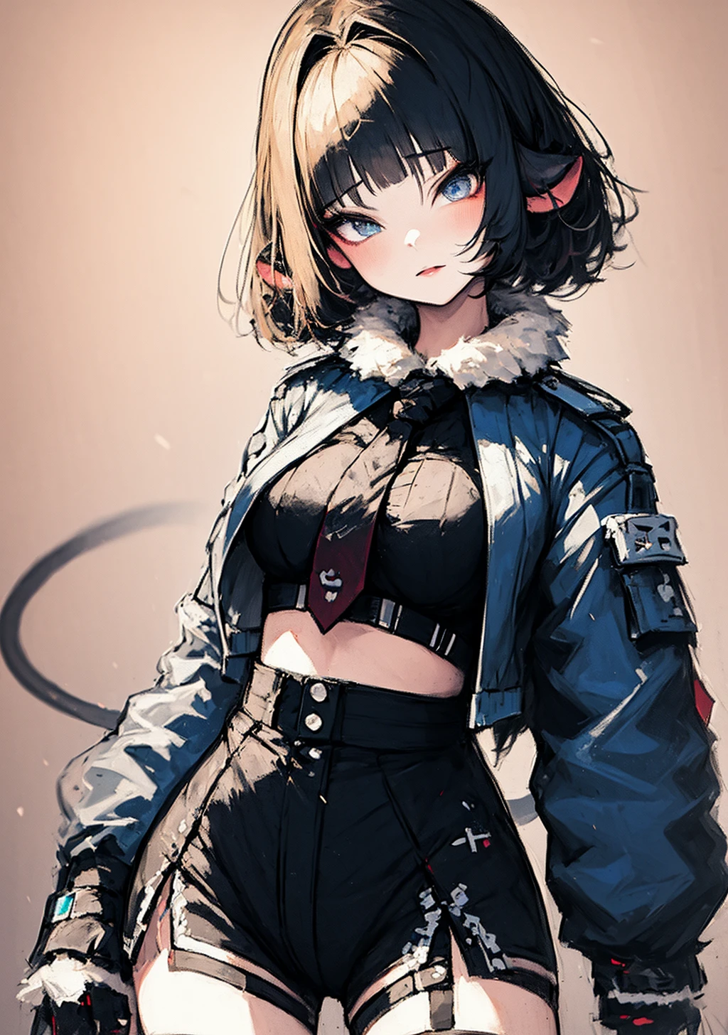 <lora:Jane_Doe:1> 1girl, solo, black hair, breasts, tail, animal ears, short hair, multicolored hair, black shorts, black gloves, fur trim, fingerless gloves, torn clothes, jacket, shorts, tie,  <lora:Tsumura_r2:1> solo, 1girl, looking at viewer