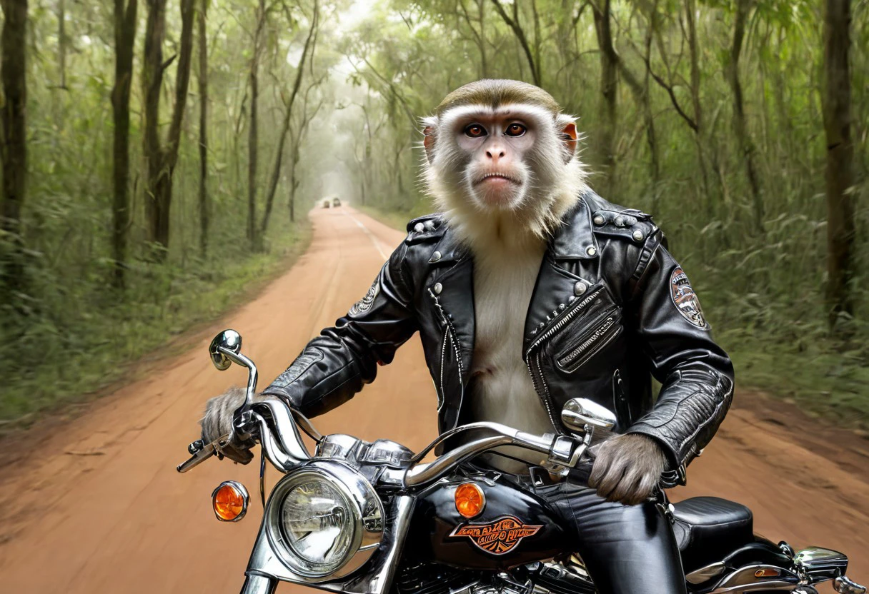 "Vervet monkey", "ultra realistic арт high quality and ultra detail with excellent focus of a Vervet monkey, represented as a rocker leather jacket and rocker leather hat on the head riding a Harley-Davidson motorcycle, jungle, savannah, forest