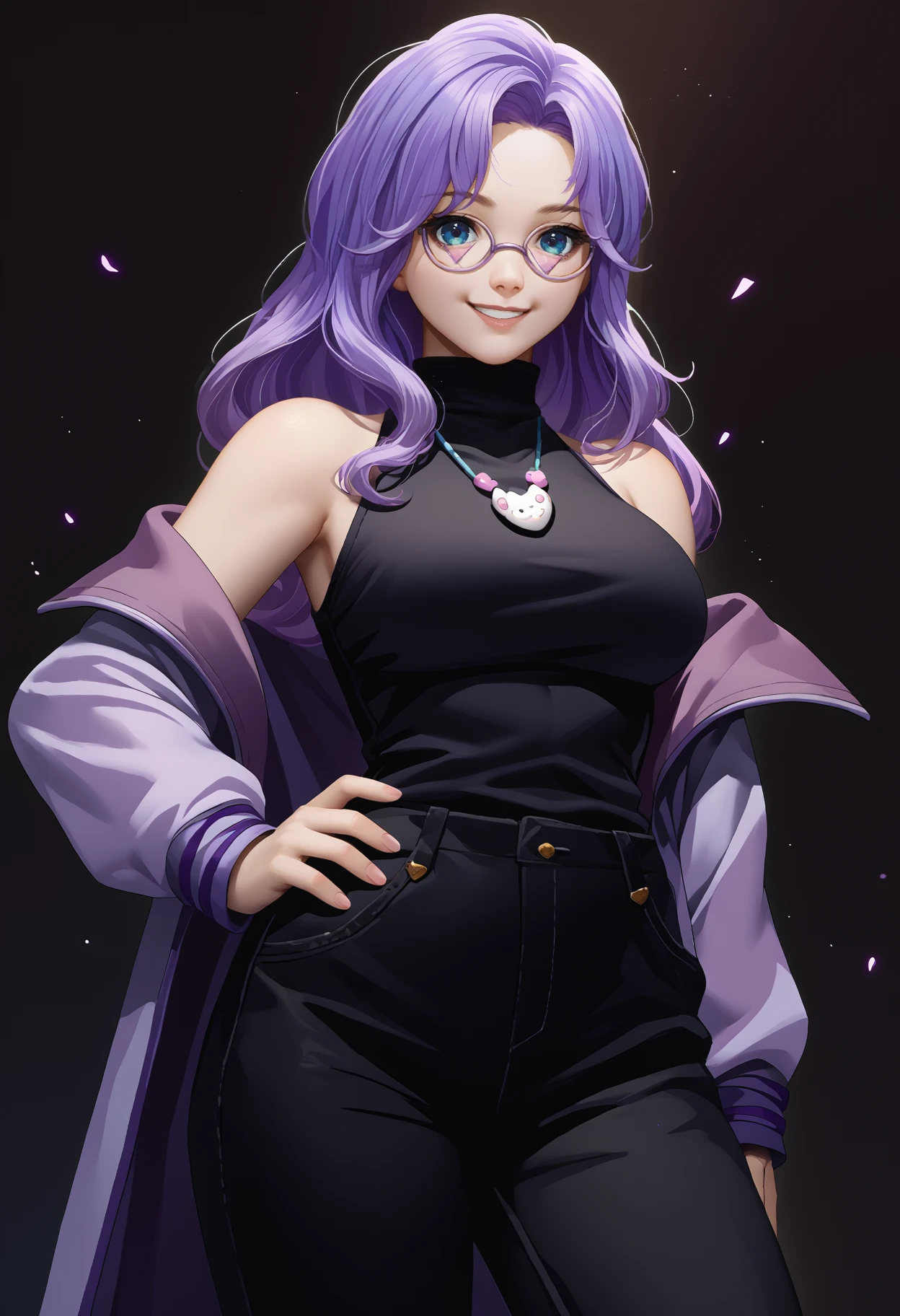 score_9, score_8_up, score_7_up, source_anime, solo, 1girl, mamavale, smile, looking at you, standing, hand on own hip, glasses, purple jacket, off shoulder, long sleeves, black shirt, sleeveless shirt, turtleneck, black pants, necklace, bare shoulders, large breasts
<segment:yolo-face_yolov8m.pt,0.4,0.5//cid=1>