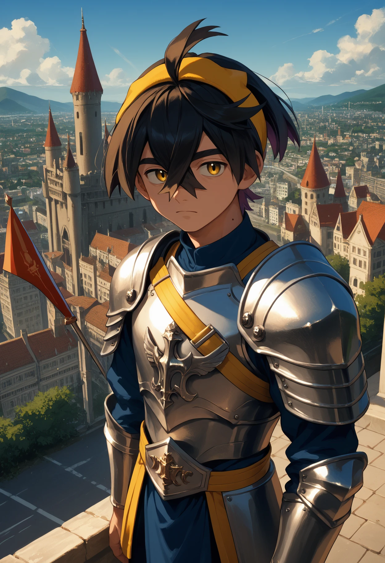 score_9, score_8_up,score_7_up, source_anime, 1boy, solo, kieran, male focus, short hair, yellow eyes, mole on neck, yellow hairband,
full plate armor, lance, charger horse, castle, heraldic shield,
at the balcony, city view,
<lora:krn_pdxl_EliPot_V8:1>