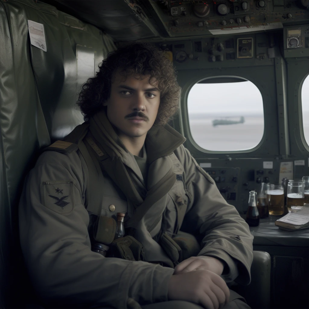 mustache, aircraft, looking outside, portrait, brown eyes, curly hair, pillow, brown coat, alcohol, scenery, soldier, t-shirt