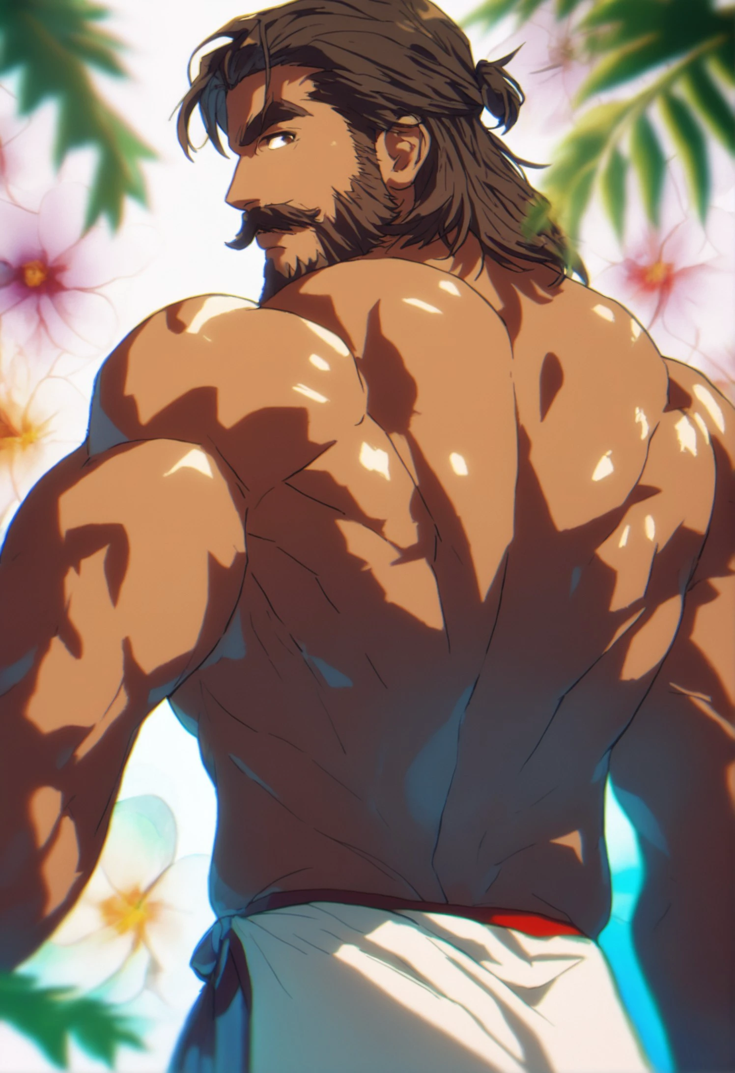 male focus, 1boy, 
chromatic aberration, slim, dark skin, oiled
muscular, solo, muscular male, beard, facial hair, mature male, bara, back, from behind, topless male, looking at viewer, thick eyebrows, mustache, medium hair, looking back, floral background, brown hair, flower, swimsuit, blurry background, lens flare, sharp shadows, direct lighting, vibrant colors, glow effect, bloom, edge color fringing, chromatic aberration, dou, blurry, thick mustache, back focus, vines, shiny skin, back muscles, plant, pectorals, ass, white background, dark-skinned male, vietnamese clothes, vietnamese dress, 
masterpiece, best quality
 <lora:NijiBara_SanaeXL-000018:1>