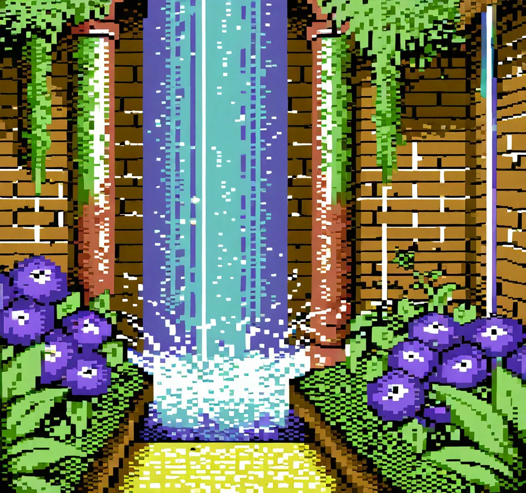 pixel style,garden, flowers,waterfall <lora:C64XLpony-000005:1.0>