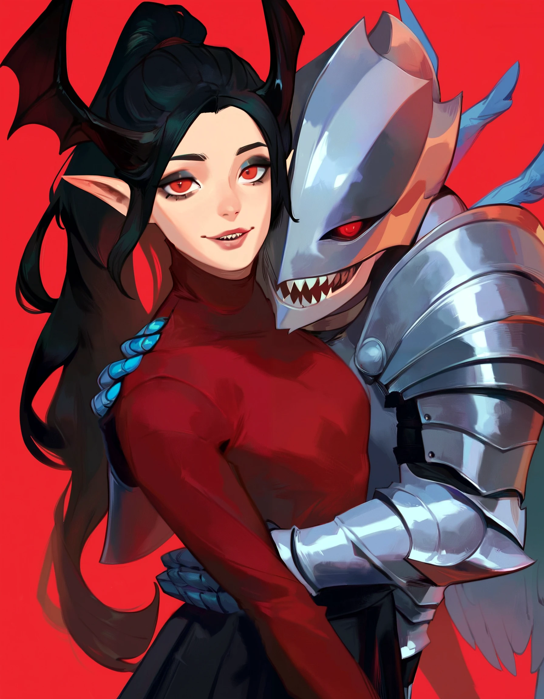 m1ne0h , lnp, 1girl, long hair, looking at viewer, skirt, shirt, black hair, red eyes, long sleeves, 1boy, ponytail, parted lips, wings, horns, teeth, pointy ears, black skirt, armor, helmet, sharp teeth, shoulder armor, red shirt, red background, breastplate, full armor, helm