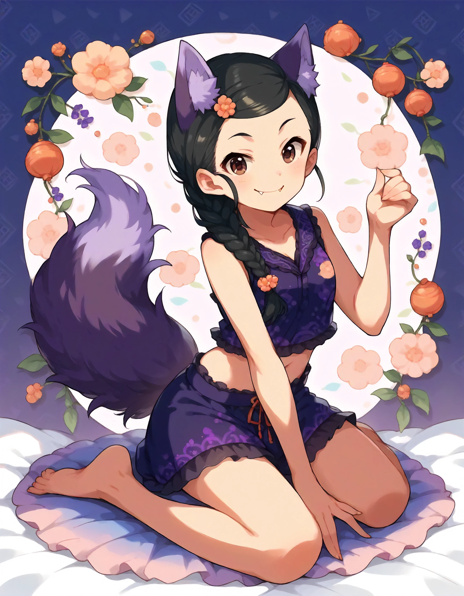 score_9,score_8_up,score_7_up,1girl,solo,kneeling,smile,fang.looking at viewer,patterned background,
<lora:shutouaoi_ponyXLV6:0.8>,cgsao,black hair,parted bangs,single braid,brown eyes,
fluffy,purple wolf ear,purple wolf tail,sleeveless,purple lingerie,midriff,barefoot