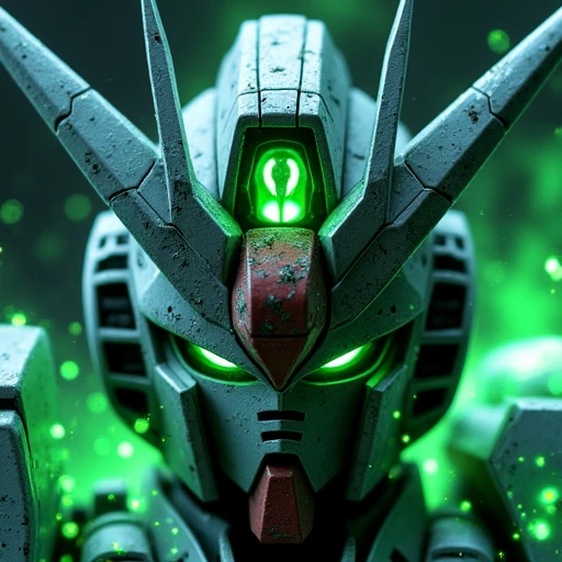 The image depicts a close-up of a mecha robot head, likely the gundam_exia from the Gundam series. The design is intricate, with sharp lines and various metallic elements, including multiple antennae or "V-fins" that protrude from the head. The robot's eyes are glowing a vibrant green, and there's a prominent green jewel or energy core at the center of its forehead. Surrounding the head is a field of glowing green particles or sparkles, adding a dynamic and mystical effect to the image. The overall color scheme includes shades of gray for the metal, with green and blue highlights, giving it a futuristic and powerful appearance.