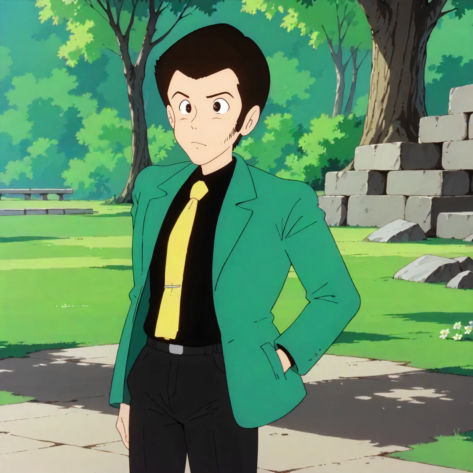 <lora:TCoC_LupinXLpony001>,
outdoors,nature,
solo,
Lupin,1boy,black hair,short hair,black eyes,
green jacket,black shirt,yellow tie,open jacket,
black pants,
standing,