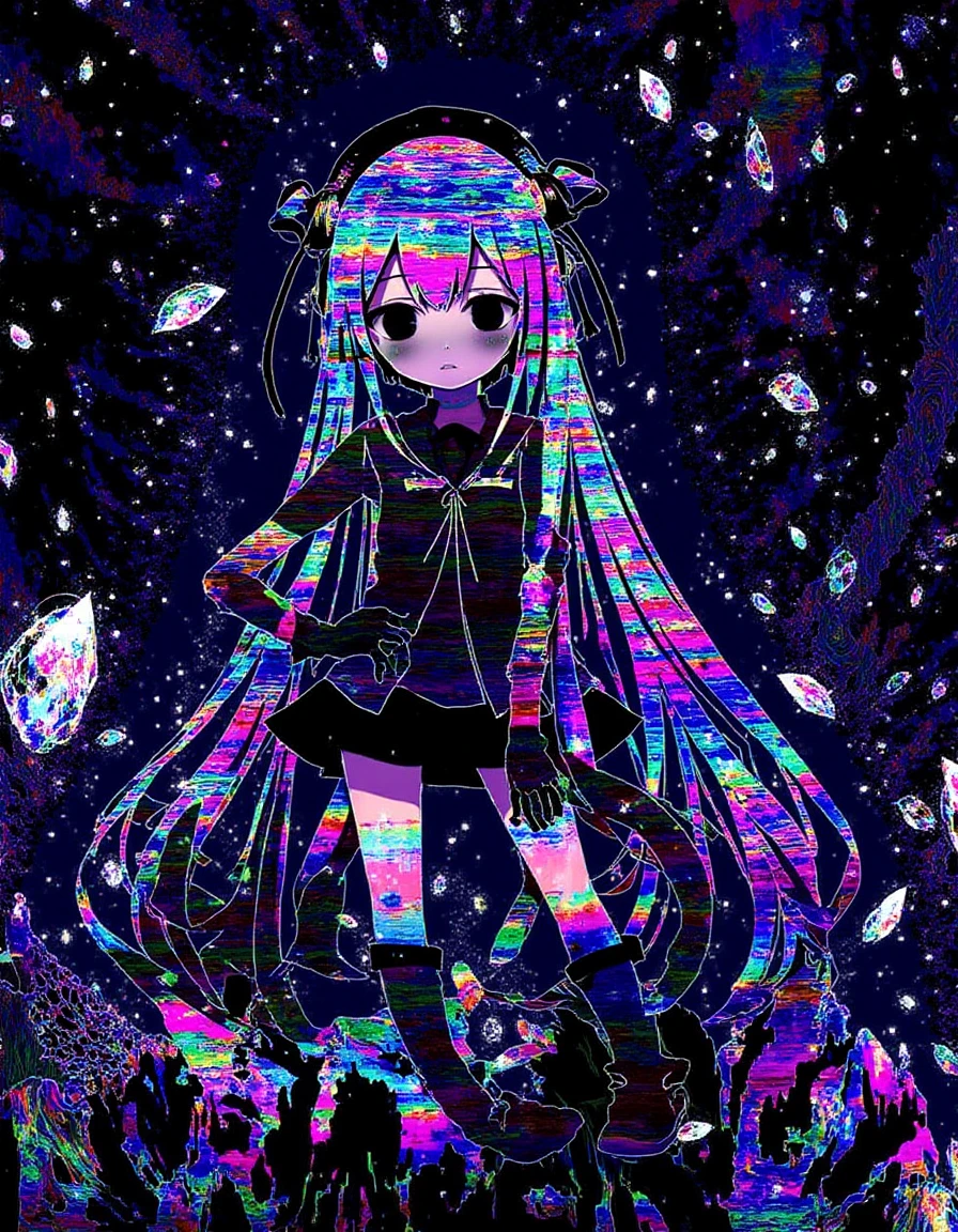 A digital landscape where a lone anime character stands amidst a sea of glitching, neon lights, their figure fragmented and distorted by cascading pixels. The background is filled with swirling colors and chaotic noise, creating a disorienting and surreal environment. The character's expression is one of calm amidst the digital storm, embodying the chaos and beauty of the breakcore style, breakcore anime <lora:ishin_breakcore_anime_v1_flux:1>