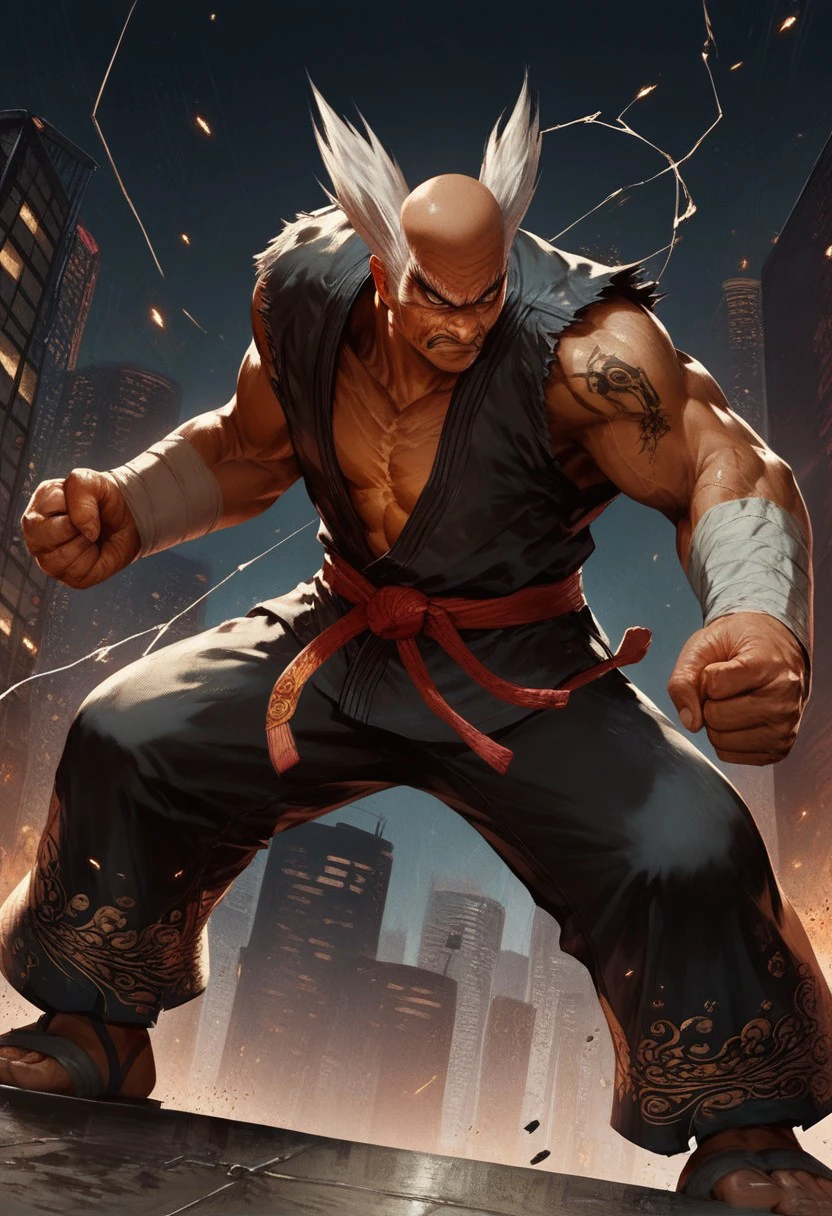 (score_9, score_8_up, score_7_up), score_6, score_5, score_4, 1 man, heihachi, fighting stance, on the rooftop of Tokyo skyscraper at night,