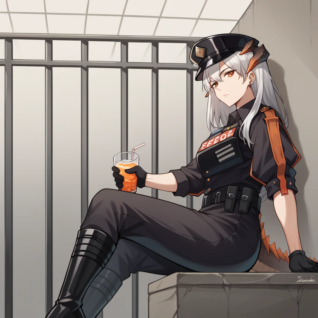 score_9_up, score_8_up, score_7_up, source_anime, masterpiece, best quality, 1girl, solo, Saria_Ark, Sar_Warden prison cells, prison interior, ceiling light, standing against wall, back to wall, reclining, from side, looking at you, holding sports drink, pensive, drinking straw, bend knee, black boots, dragon tail, dragon horns, white hair, orange eyes, saria_(arknights), police uniform, tactical clothes, black shirt, medium sleeves, black pants, belt, black gloves, collared shirt, black headwear, stuf earrings, police hat, mature body, dynamic cowboy shot, indoors, prison background