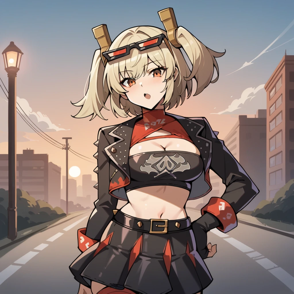 score_9_up, score_8_up, score_7_up, source_anime, masterpiece, best quality, 1girl, solo, Burnice_ZZZ, sun light, clouds, blue sky, cityscape, street lamp, traffic, standing, leaning forward, hand on hip, cute pouting, looking at you, open mouth, blonde hair, two side up, orange eyes, eyewear on head, sunglasses, goggles, short twintails, hair ornament, crop top, tube top, black jacket, black thighhighs, cropped jacket, red shirt, cleavage cutout, long sleeves, belt, black skirt, red wrist cuffs, red thigh strap, fingerless gloves, miniskirt, midriff, turtleneck, mature body, dynamic cowboy shot, outdoors, cityscape background