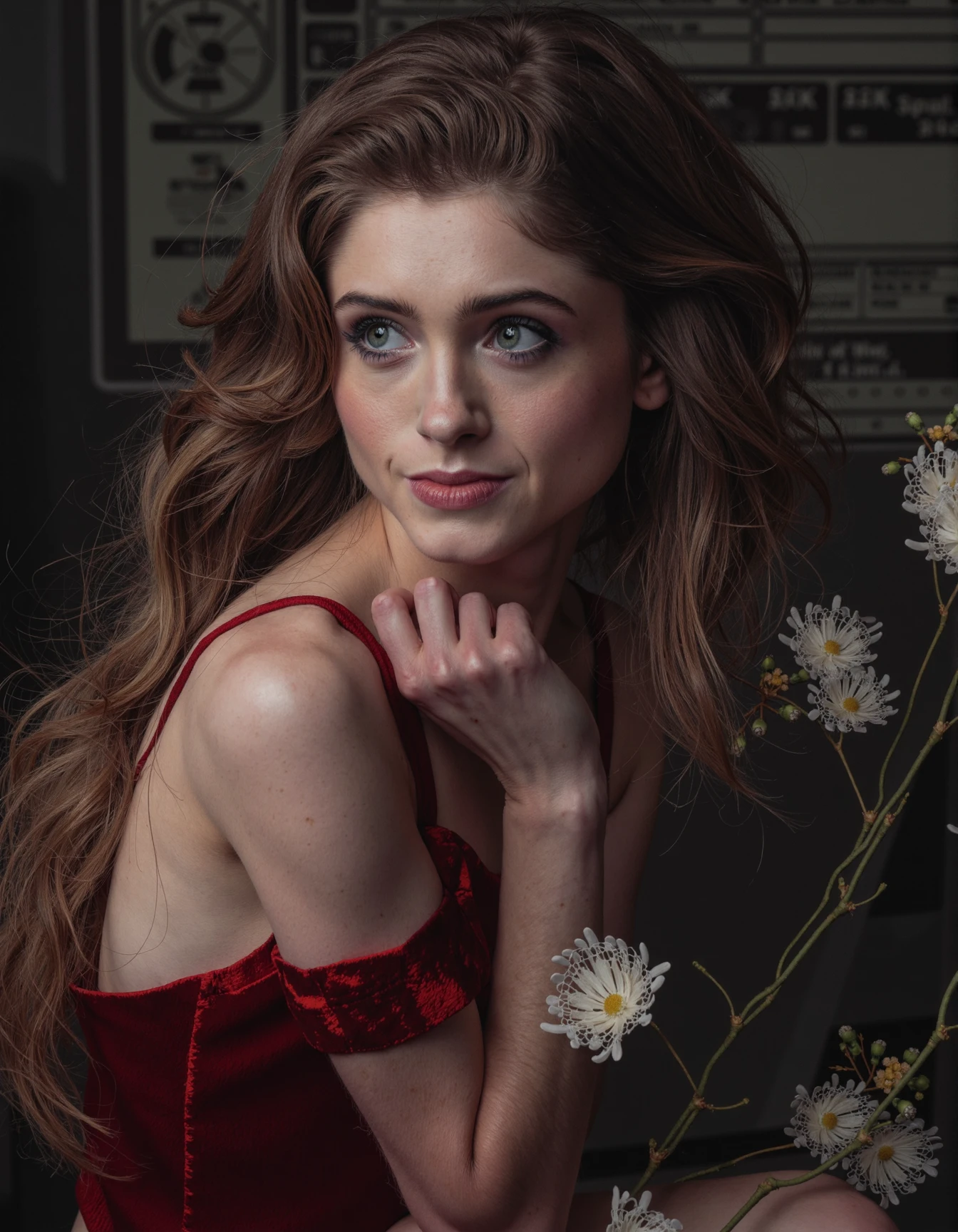 portrait of a gorgeous natalia dyer  princesse, dynamic lighting, in the style of Jean-Baptiste Monge, dark ambiance, ink slpatters, flowers, realistic, sharp focus, illustration, octane render, unreal engine, 8k, high resolution, trending on artstation, sharp focus, studio photo, intricate details, highly detailed, by greg rutkowski, sharp focus, emitting diodes, smoke, artillery, sparks, racks, system unit, motherboard, by pascal blanche rutkowski repin artstation hyperrealism painting concept art of detailed character design matte painting, 4 k resolution blade runner  ,  <lora:natalia_dyer_flux_lora_v1:1>