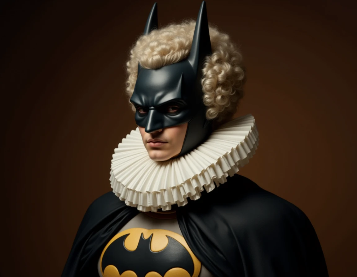 Batman in a Victorian ruff and wig in the style of Leonardo Da Vinci <lora:Leonardo_DaVinci_Style:1>