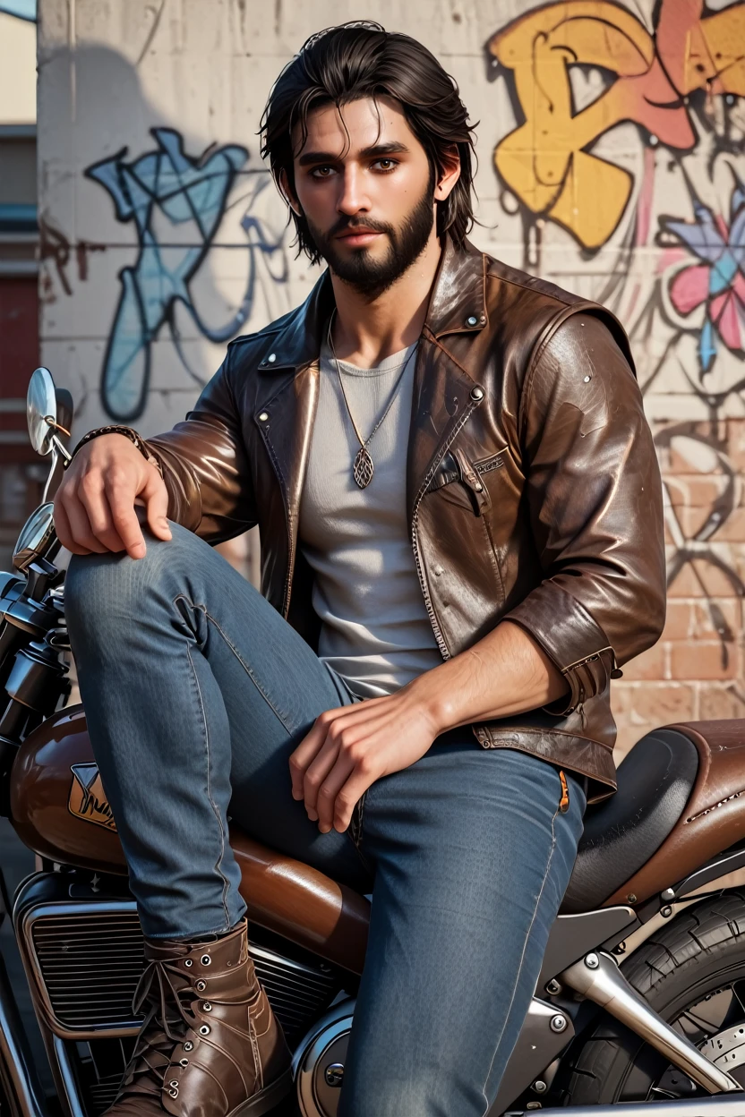 score_9, score_8_up, score_7_up, score_6_up
<lora:ACMBasim:1.0>
ACMBasim, 1boy, black hair, brown eyes, beard, looking at viewer, Handsome male model in a leather jacket and dark jeans, sitting on a motorcycle in an urban alleyway, graffiti-covered walls, moody lighting, wet pavement reflections,Sitting with one leg stretched out, the other bent