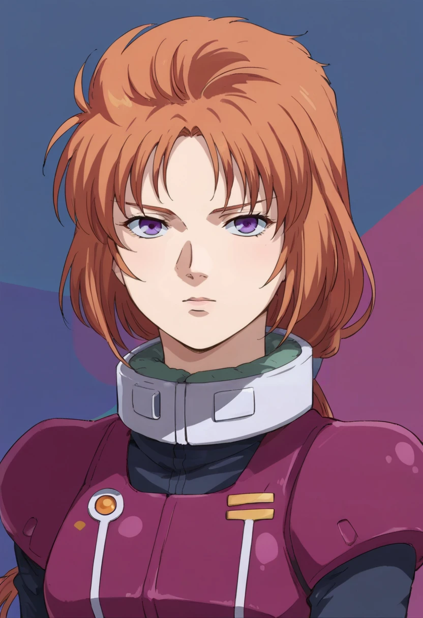 score_9,score_8_up,score_7_up,anime coloring BREAK source_anime,anime,<lora:Marida_Cruz_Pony:0.8>,marida,1girl,solo,long hair,orange hair,purple eyes,ponytail,purple pilot suit,multicolored background,looking at viewer,portrait,upper body,looking at viewer,